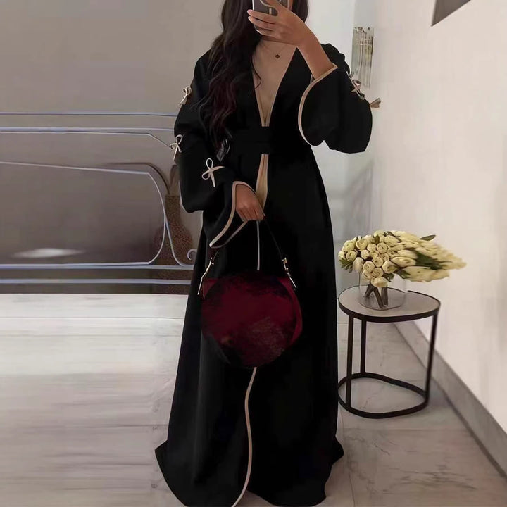 Damen nan elegante Abaya-Kaftan mit weitem Trompetenärmel, kontrastierender Passe und Wickelgürtel Drune