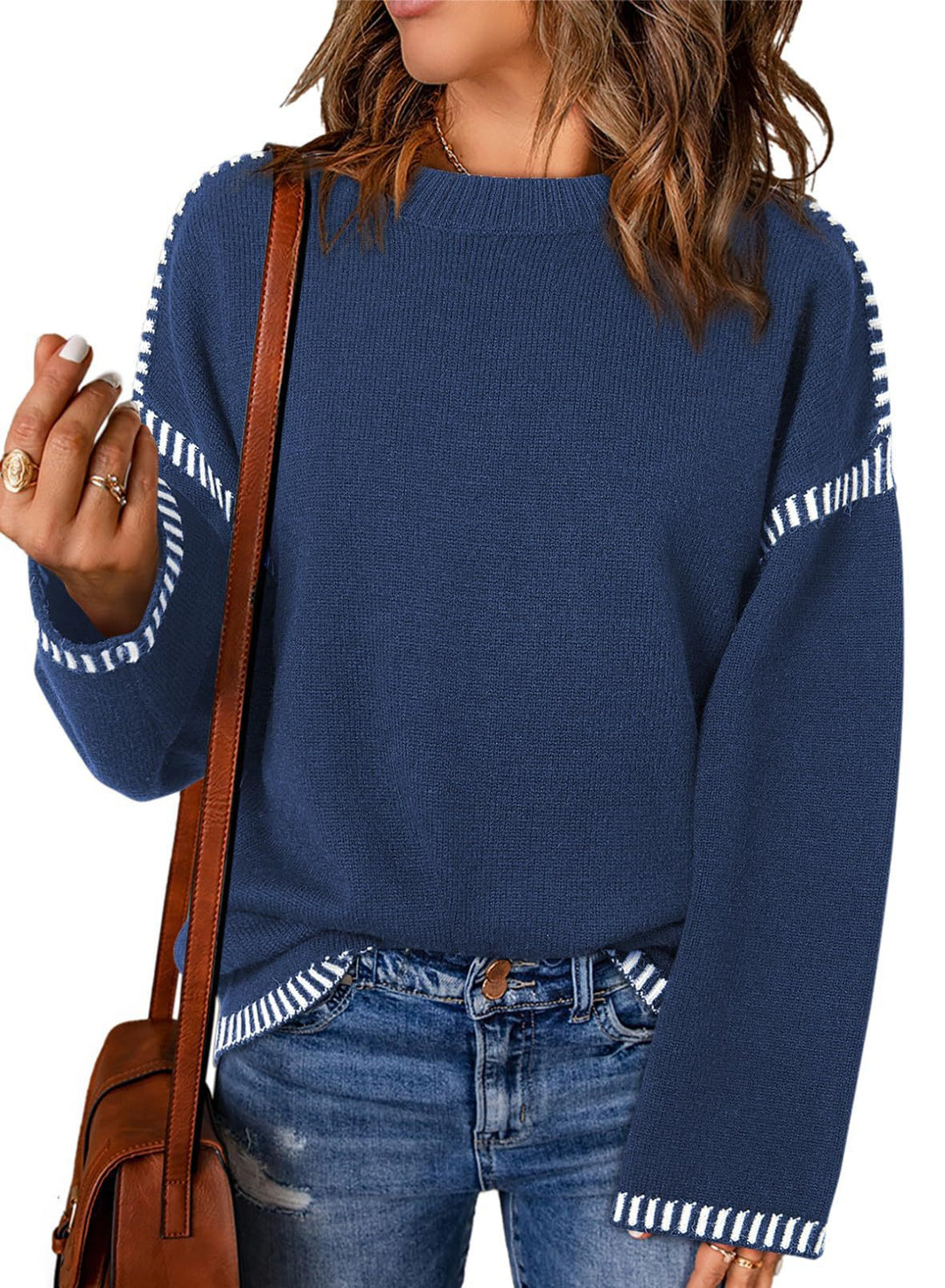 Damen lässiger Strickpullover mit kontrastierenden Bündchen und lässigem Schnitt Drune