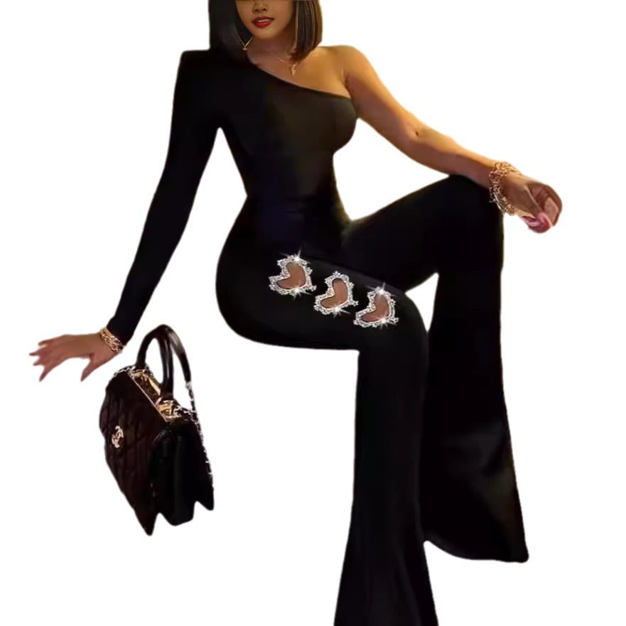 Damen Elegantes einseitiges Flare-Jumpsuit mit dekorativen Verzierungen Drune