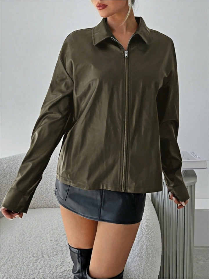 Damen leichtgewichtige Kunstlederjacke mit modernem Reißverschluss Drune