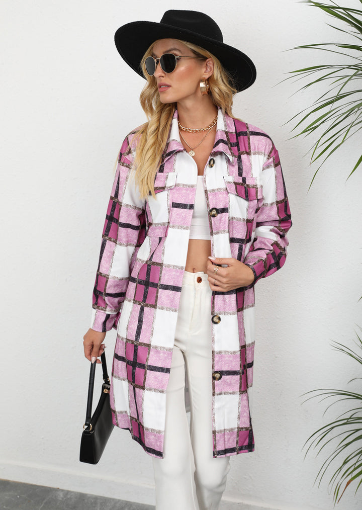 Damen Karomuster Longbluse mit Knopfverschluss und Seitentaschen Drune