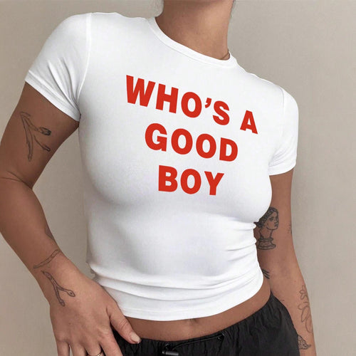 Damen Crop-T-Shirt mit kreativem Print und figurbetontem Schnitt Drune