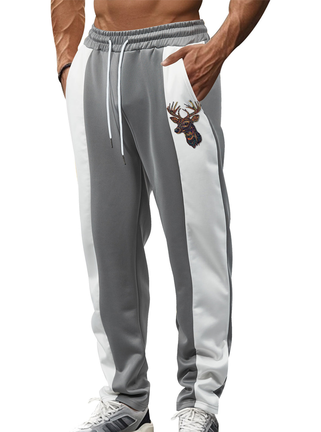 Herren nan sportive Trackpants mit seitlichen Kontrastbahnen elastischem Bund Kordelzug und Hirschstickerei Drune