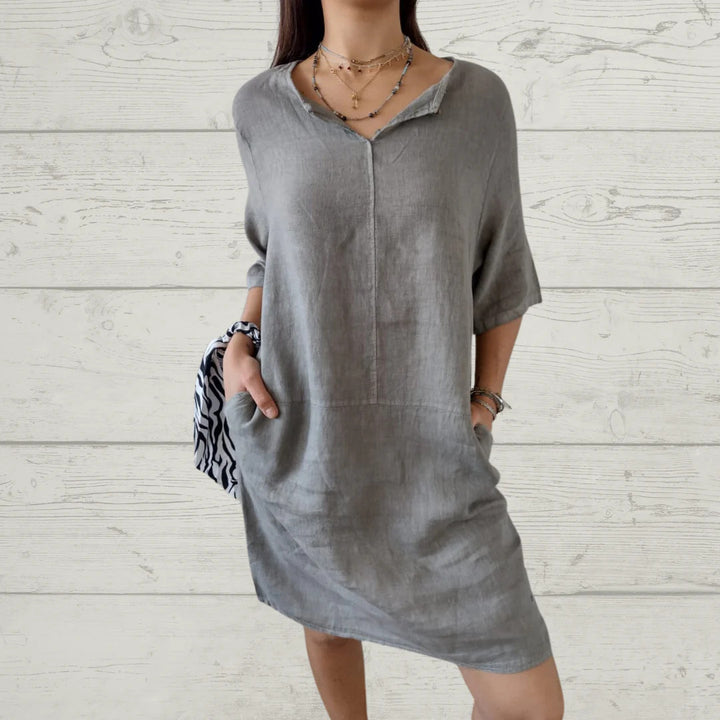 Damen Leichtes Leinenkleid mit vorderem Knopfdetail und seitlichen Taschen Drune