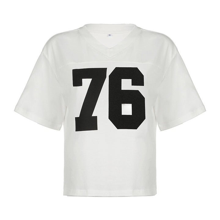 Damen Sportliches V-Ausschnitt T-Shirt mit angesagtem Print Drune