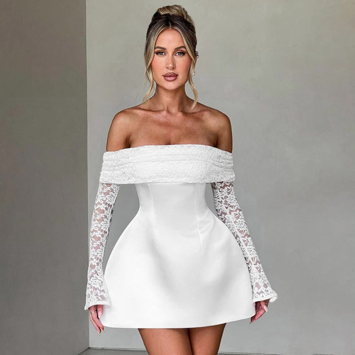 Damen Offshoulder Minikleid mit Spitzenärmeln und taillierter Silhouette Drune