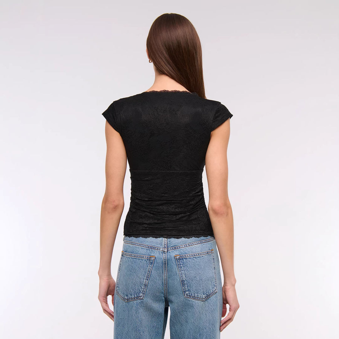 Damen Spitzen-Oberteil mit elegantem V-Ausschnitt und Rüschendetails Drune