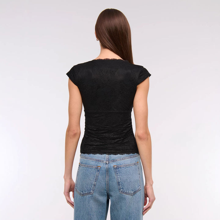 Damen Spitzen-Oberteil mit elegantem V-Ausschnitt und Rüschendetails Drune