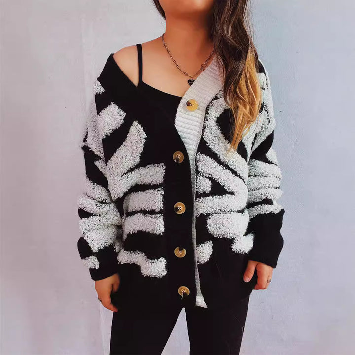 Damen modische Strickjacke mit grafischem Muster und luxuriösen Knöpfen Drune