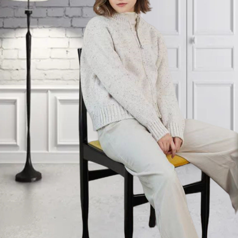 Damen lässiger Strickjacke mit hochgeschlossenem Reißverschluss und voluminösen Ärmeln Drune