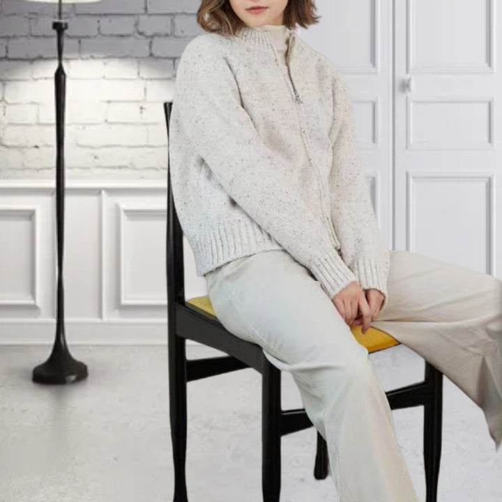 Damen lässiger Strickjacke mit hochgeschlossenem Reißverschluss und voluminösen Ärmeln Drune