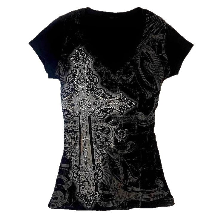 Damen T-Shirt mit aufwendigem Kreuz-Design und Strass-Akzenten Drune