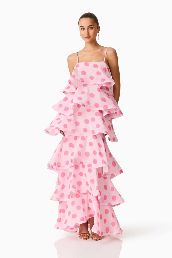 Damen Maxikleid mit verspielten Rüschen und Punkten Drune