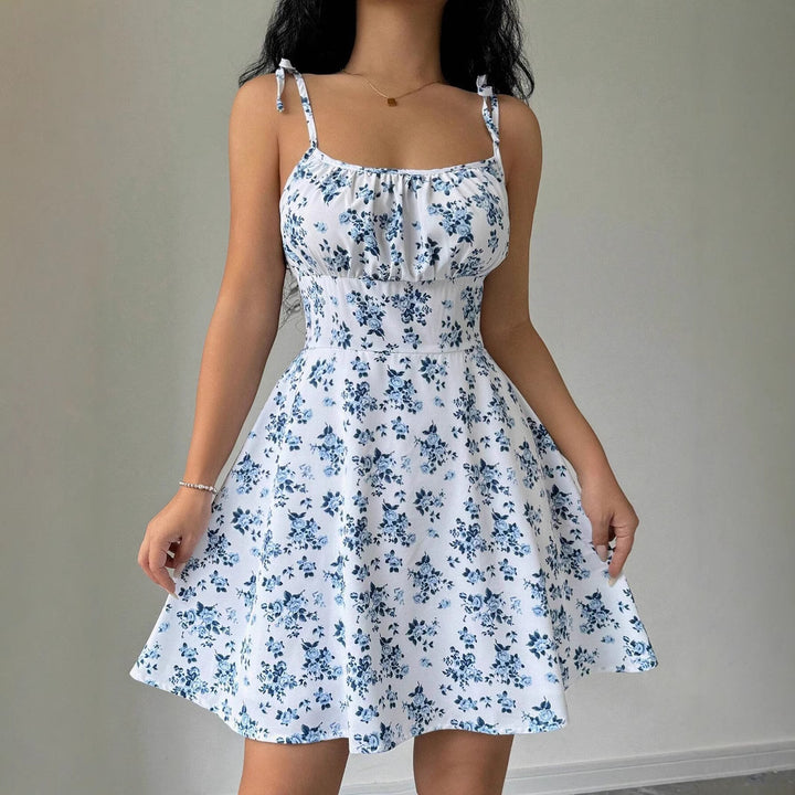 Damen Sommerkleid mit verstellbaren Spaghetti-Trägern und floralen Akzenten Drune