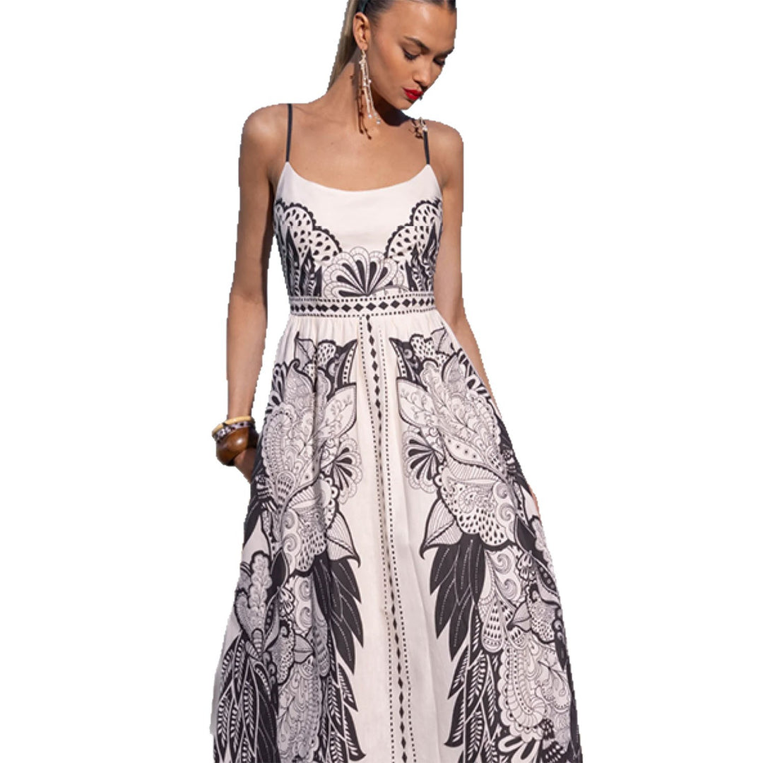 Damen Maxikleid mit feinen Trägern und künstlerischem grafikdruck Drune
