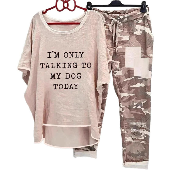 Damen nan weites Freizeit-Set mit Spruchaufdruck, weit geschnittenem Langshirt und Camouflage-Jogginghose Drune