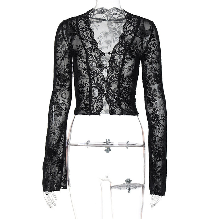 Damen Spitzen-Crop-Top mit Leopardenmuster und zarter Häkelborte Drune