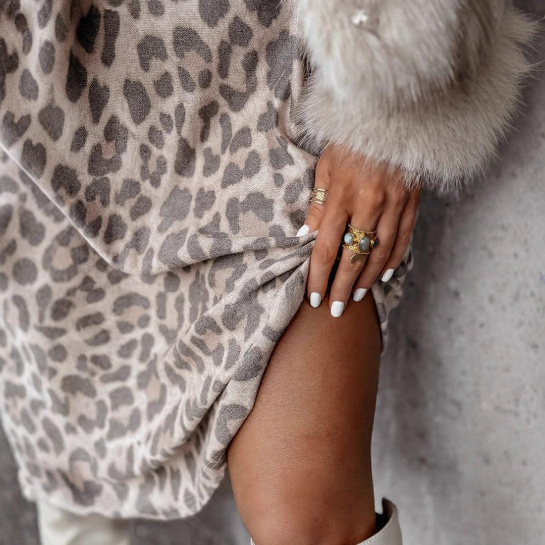 Damen lässiges Leoprint-Kleid mit tiefem V-Ausschnitt und langen Ärmeln Drune