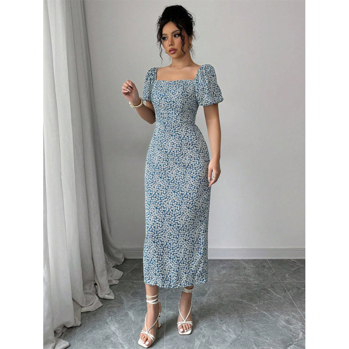 Damen Midikleid mit schulterfreien Puffärmeln und floralem Muster Drune