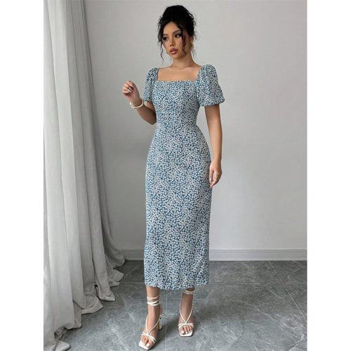 Damen Midikleid mit schulterfreien Puffärmeln und floralem Muster Drune