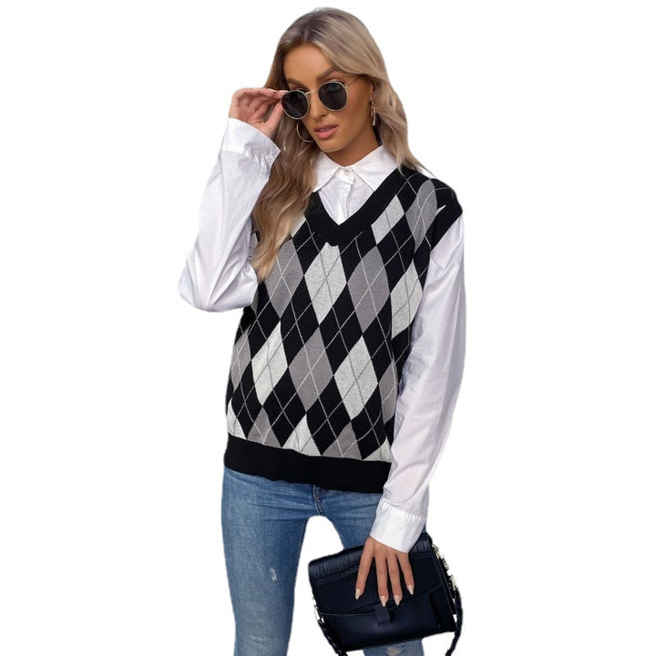Damen ärmelloser Pullover im Rautenmuster mit V-Ausschnitt Drune