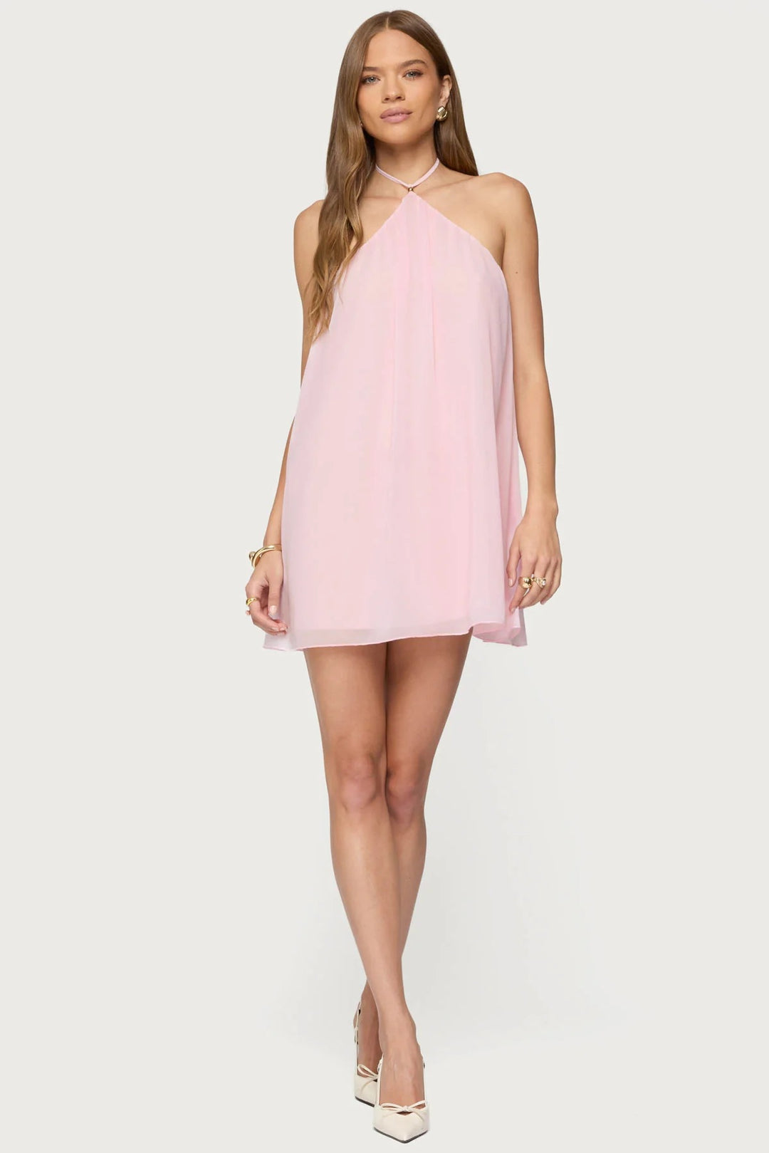 Damen Chiffon Kleid mit Nackenträger und luftiger Silhouette Drune