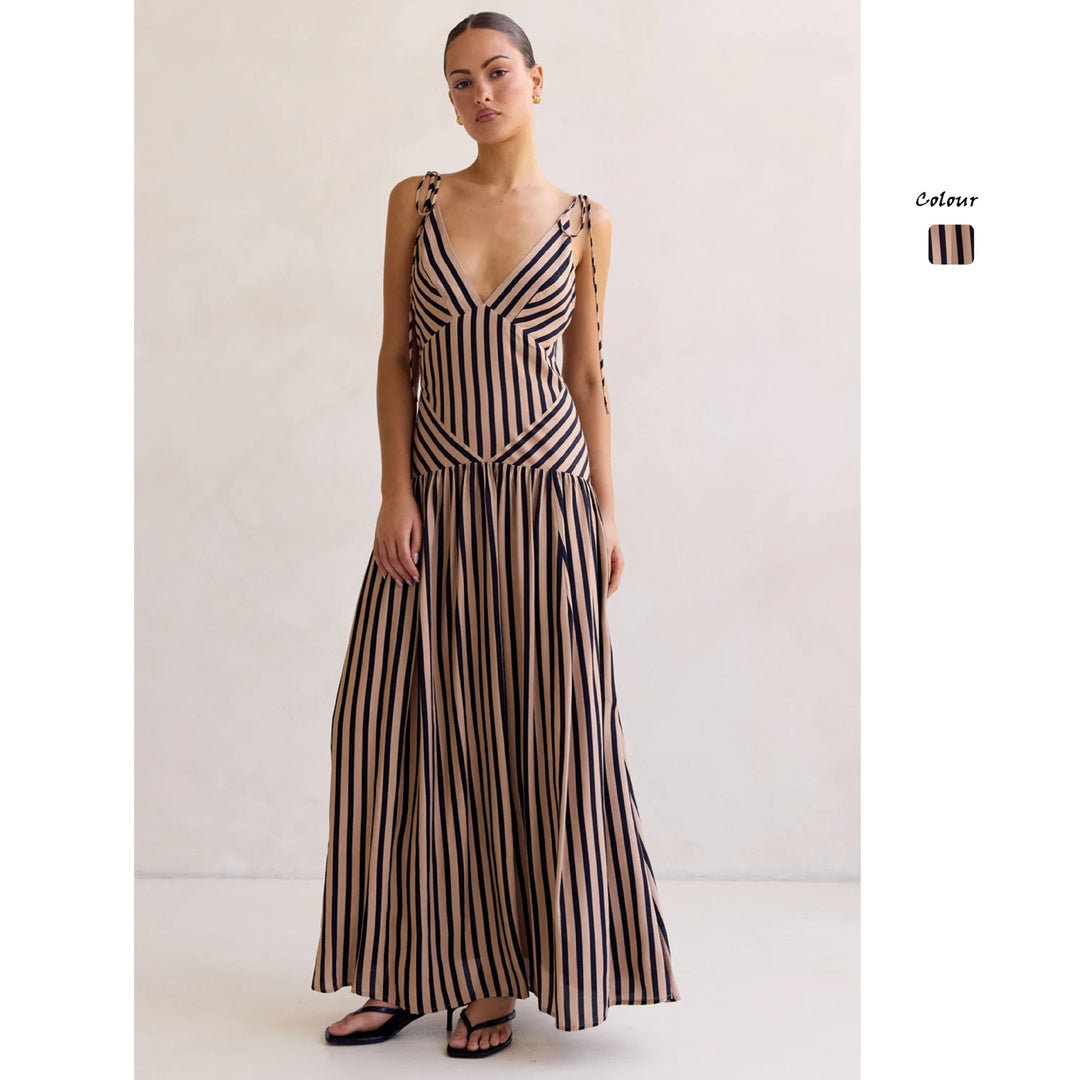 Damen Maxikleid mit tiefem V-Ausschnitt und elegantem Streifendesign Drune