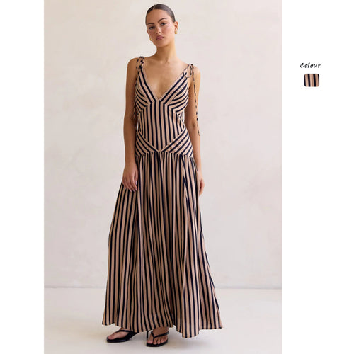 Damen Maxikleid mit tiefem V-Ausschnitt und elegantem Streifendesign Drune