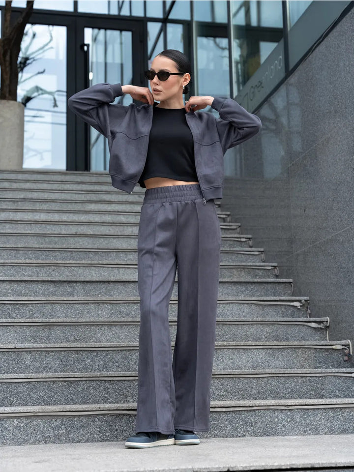Damen nan zweiteiliges Velours-Loungewear-Set mit kurzem Zip-Hoodie und weiter Highwaist-Hose Drune
