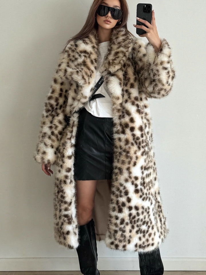 Damen Eleganter Kunstfellmantel mit animalischem Muster Drune