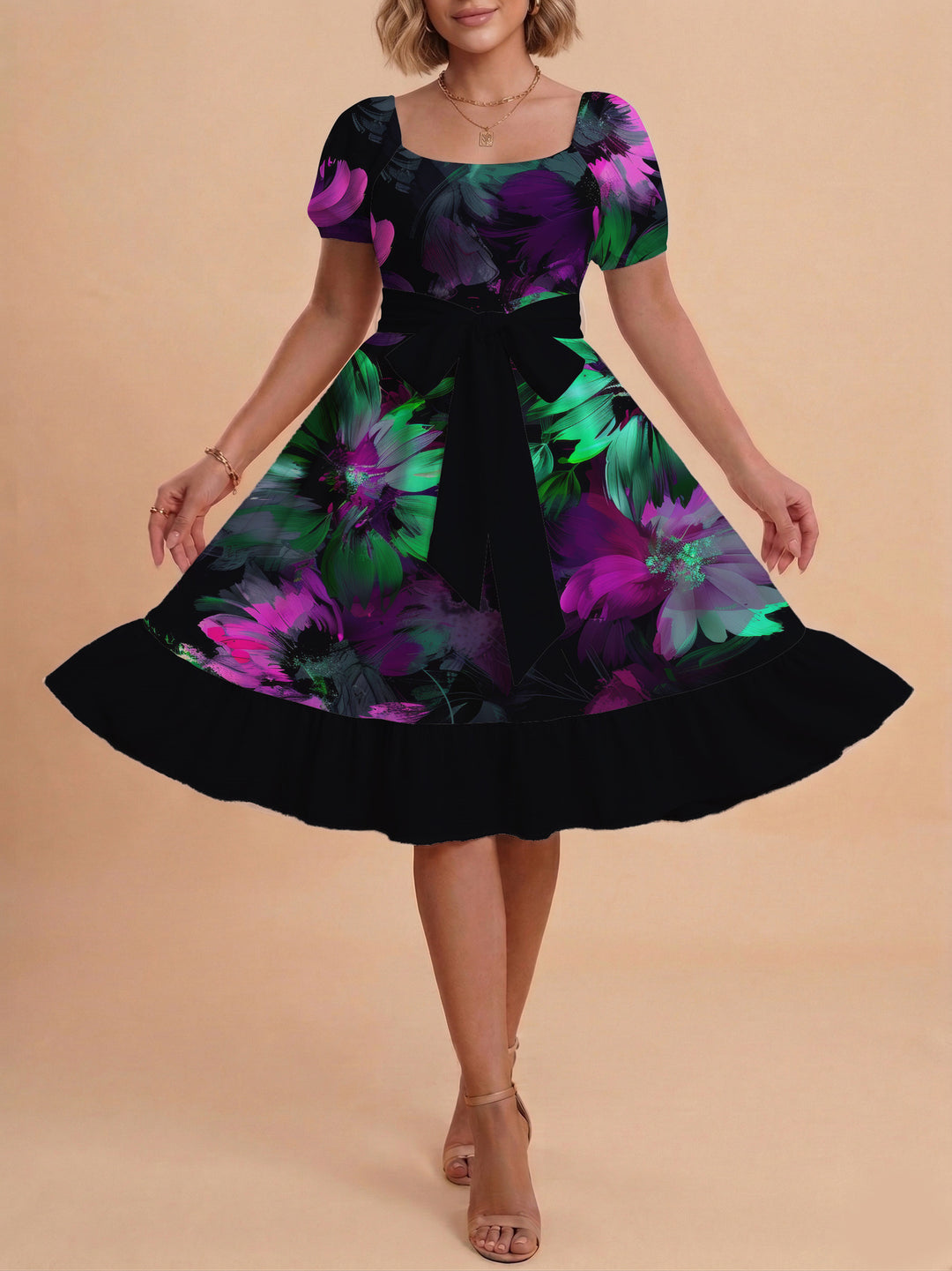 Damen Sommerkleid mit floralem Puffärmel und taillierbarem Gürtel Drune
