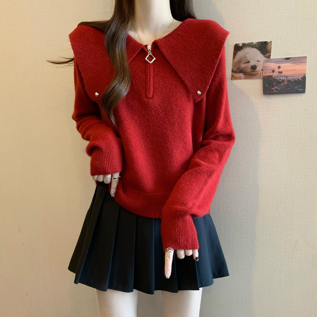 Damen Pullover mit einzigartigem Kragen und dekorativem Reißverschluss Drune