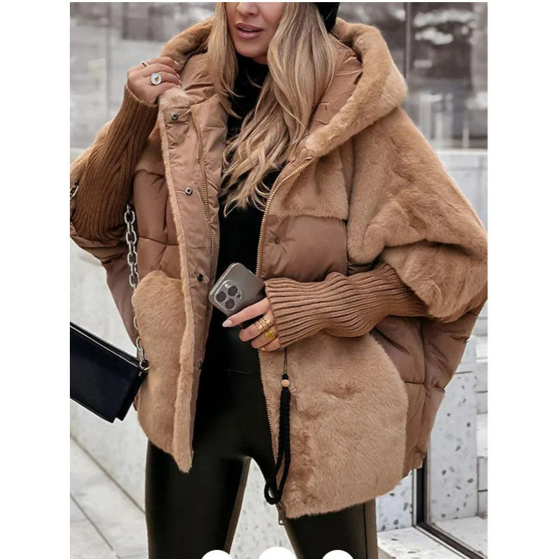 Damen nan gesteppte Kurzjacke mit Teddyfell-Einsätzen, Kapuze und integrierten Rippbündchen Drune