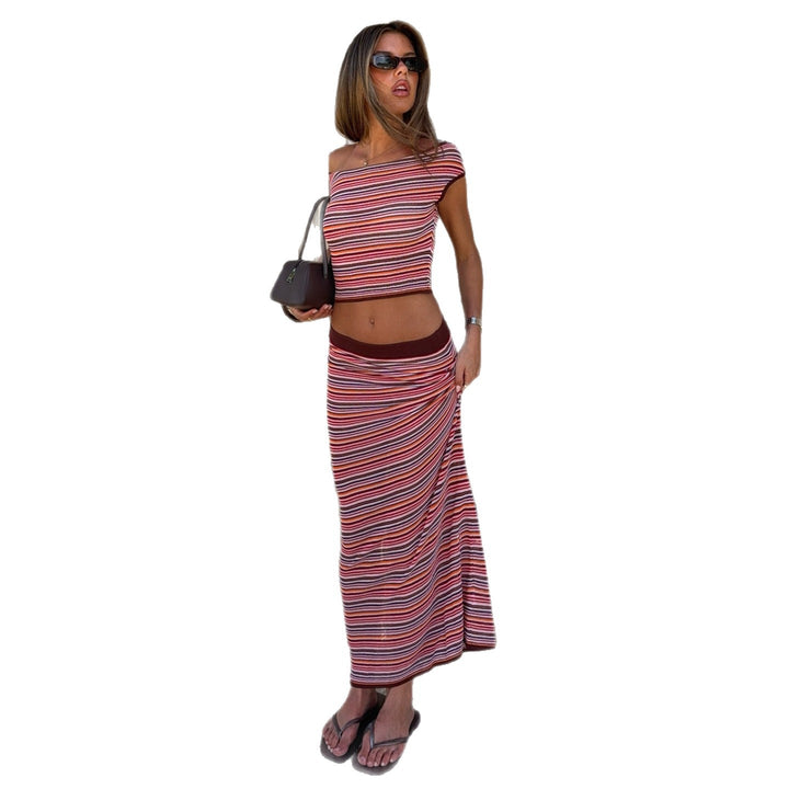 Damen Maxikleid mit farbenfrohen Streifen und off-shoulder Design Drune
