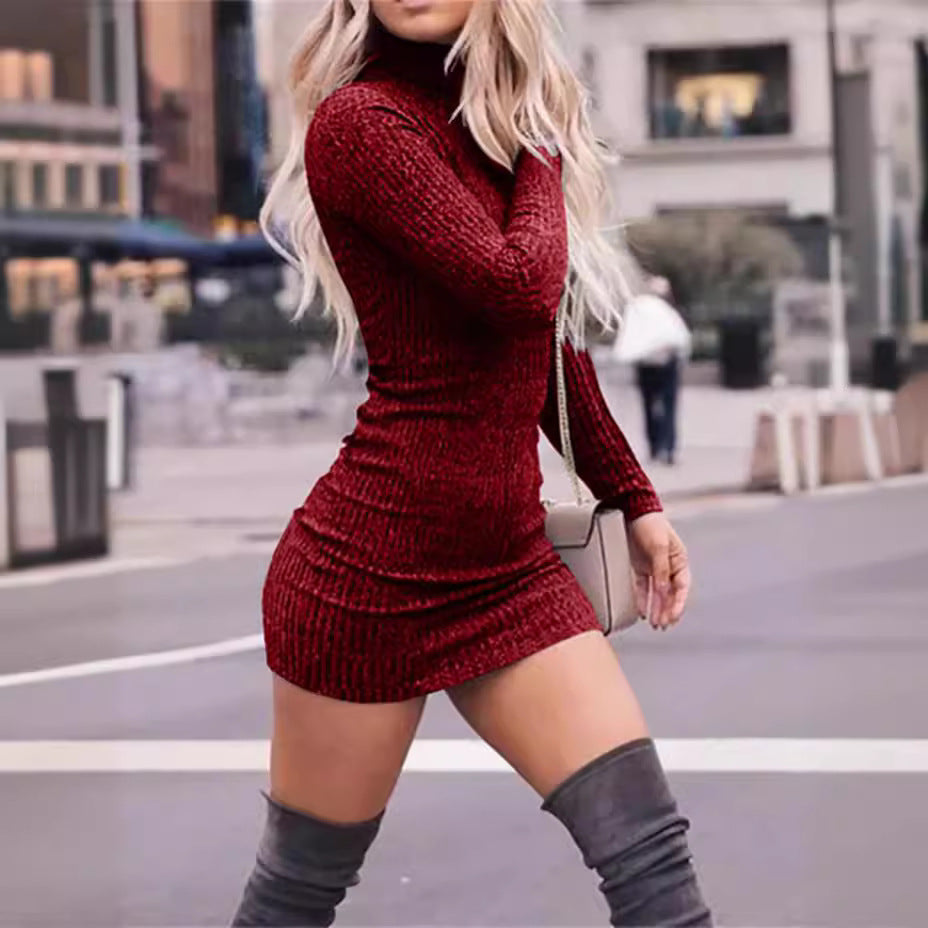Damen Figurbetontes Minikleid mit hohem Kragen und Rippenstruktur Drune