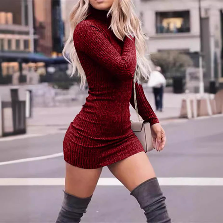 Damen nan figurbetontes gestricktes Rollkragen-Minikleid mit Rippstruktur Drune