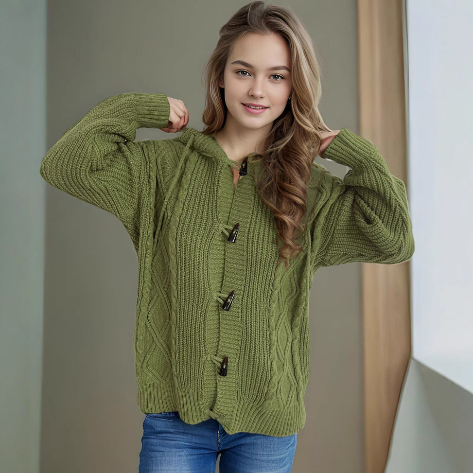 Damen Grobstrick-Kapuzen-Cardigan mit dekorativem Zopfmuster Drune