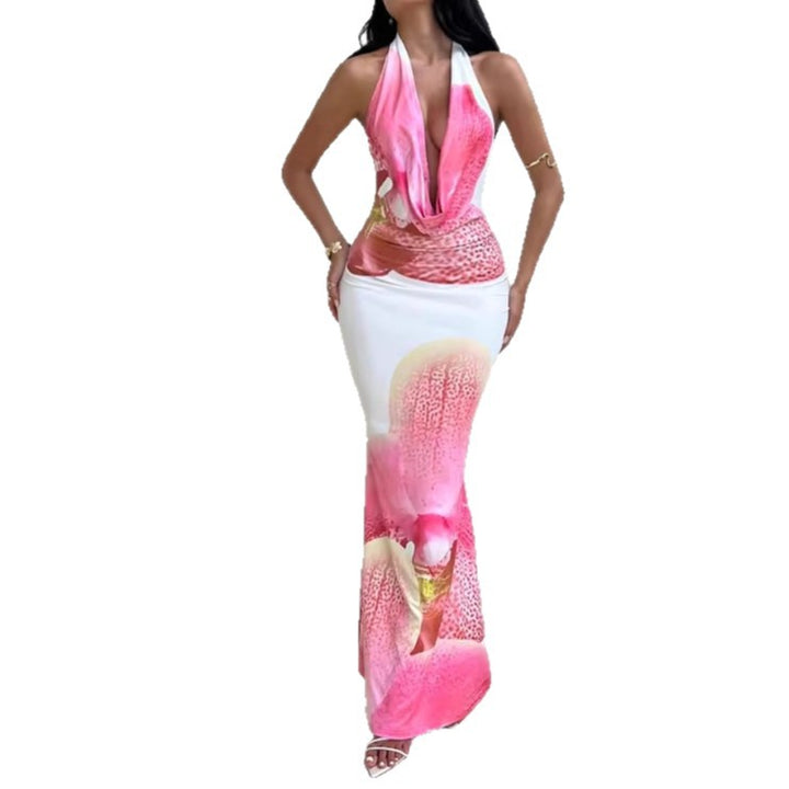 Damen Maxikleid mit tiefem V-Ausschnitt und floralem Drapierungsdesign Drune