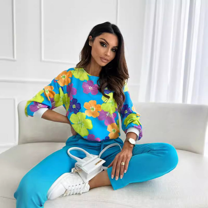 Damen lässiges Sweatshirt mit buntem Blumendruck und voluminösen Ärmeln Drune
