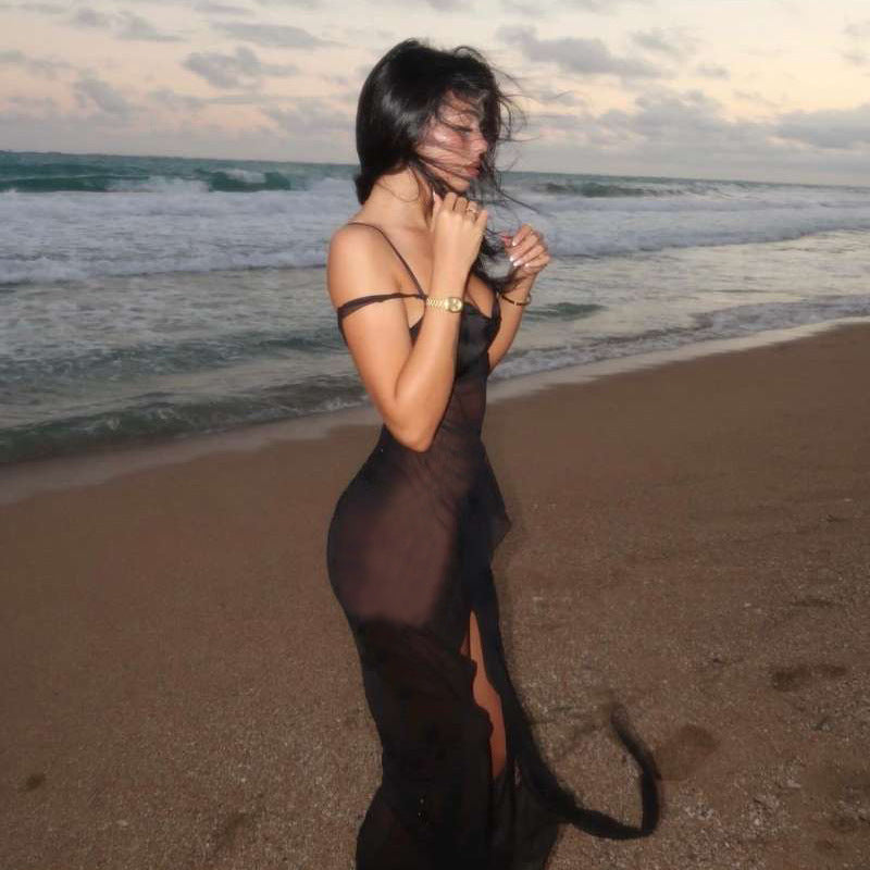 Damen Transparente Maxikleid mit asymmetrischen Fransen Drune
