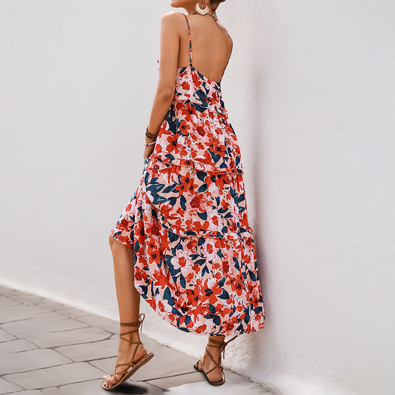 Damen Maxikleid mit floralen Rüschen und Spaghettiträgern Drune