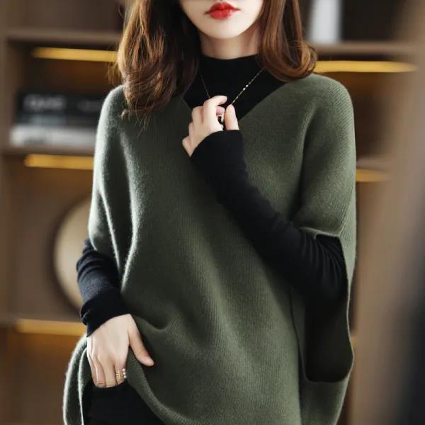 Damen Strickponcho mit V-Ausschnitt Drune
