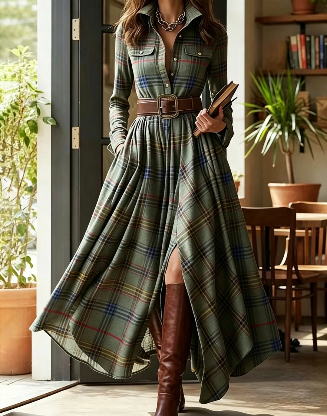 Damen nan karierte Maxikleid Hemdblusenkleid mit ausgestelltem Rock und breitem Taillengürtel Drune