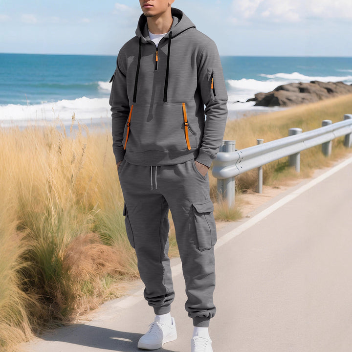 Herren nan lässiger Halbzip Hoodie mit Kängurutasche und Cargo Jogginghose mit Reißverschlussdetails Drune