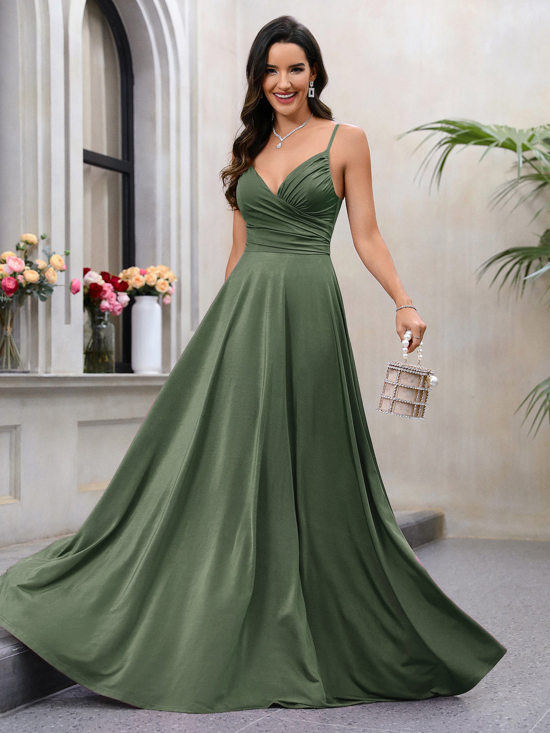 Damen Maxikleid aus fließendem Satin mit eleganter Frontwicklung Drune