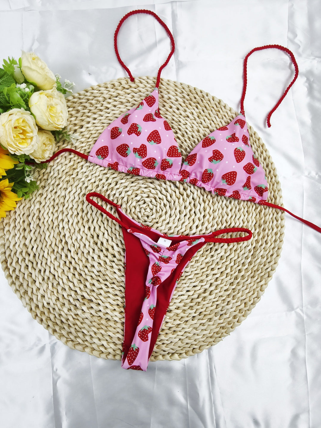 Damen Triangel-Bikini-Set mit fröhlichem Kirschmuster und verstellbaren Trägern Drune