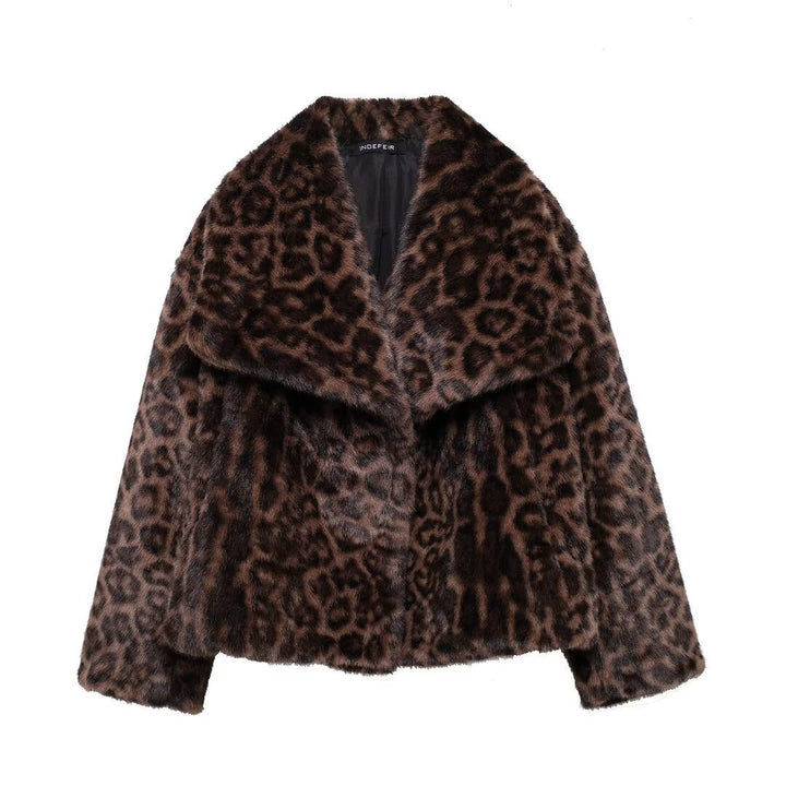 Damen nan kurze Kunstfelljacke mit Wildmuster, V-Ausschnitt und taillierter Silhouette Drune