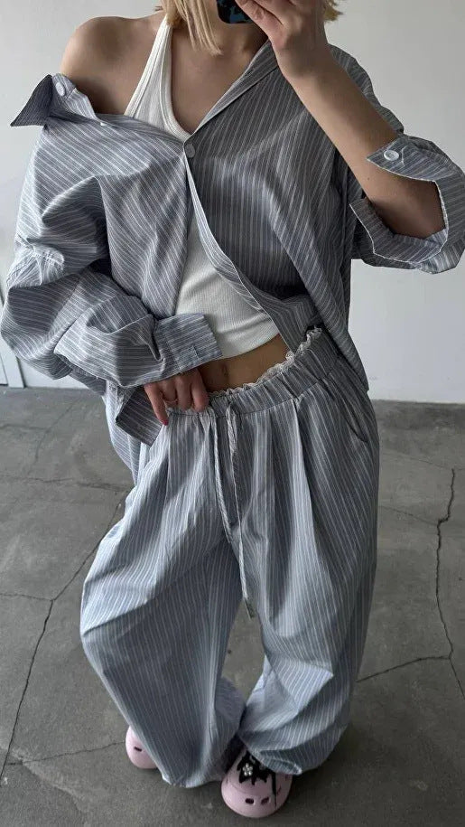 Damen lässiges Zweiteiler-Set mit weiten Hosen und gestreiftem Hemd