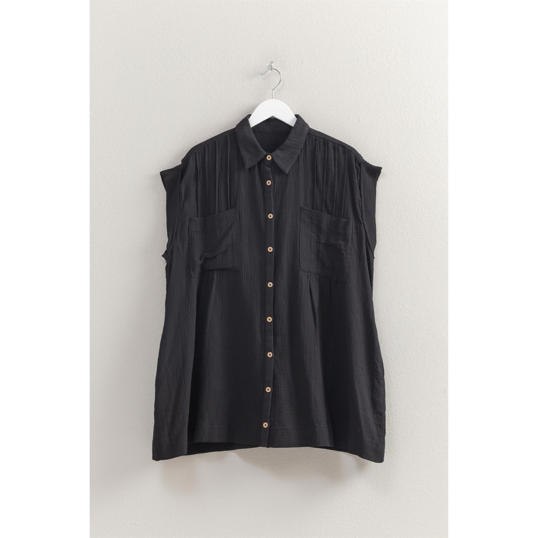 Damen lässige Bluse mit hohen Armöffnungen und zwei aufgesetzten Taschen Drune