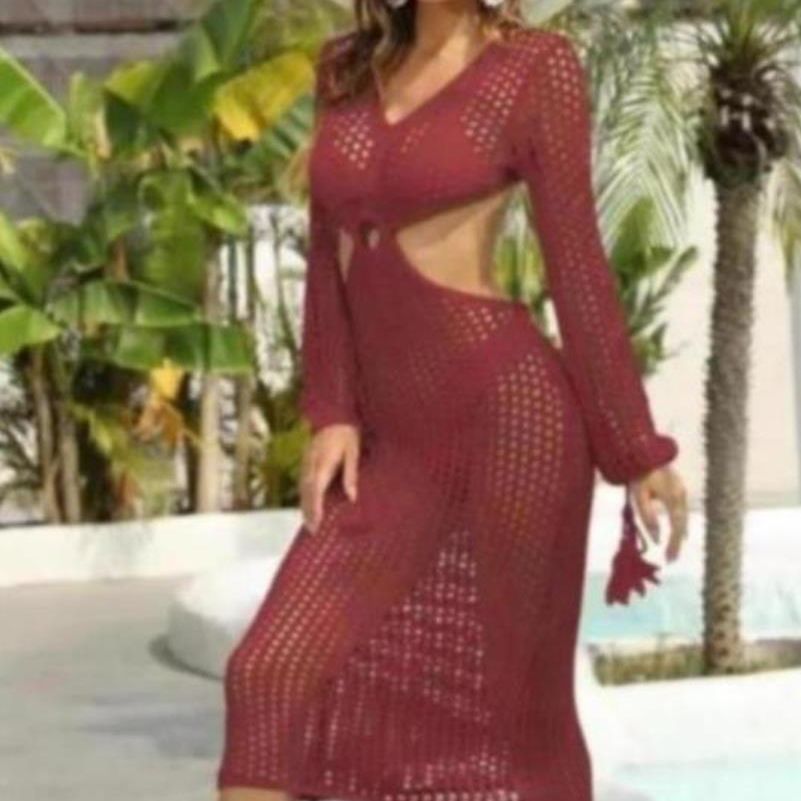 Damen Häkel-Maxikleid mit Cut-Out-Details und dekorativem Gürtel Drune